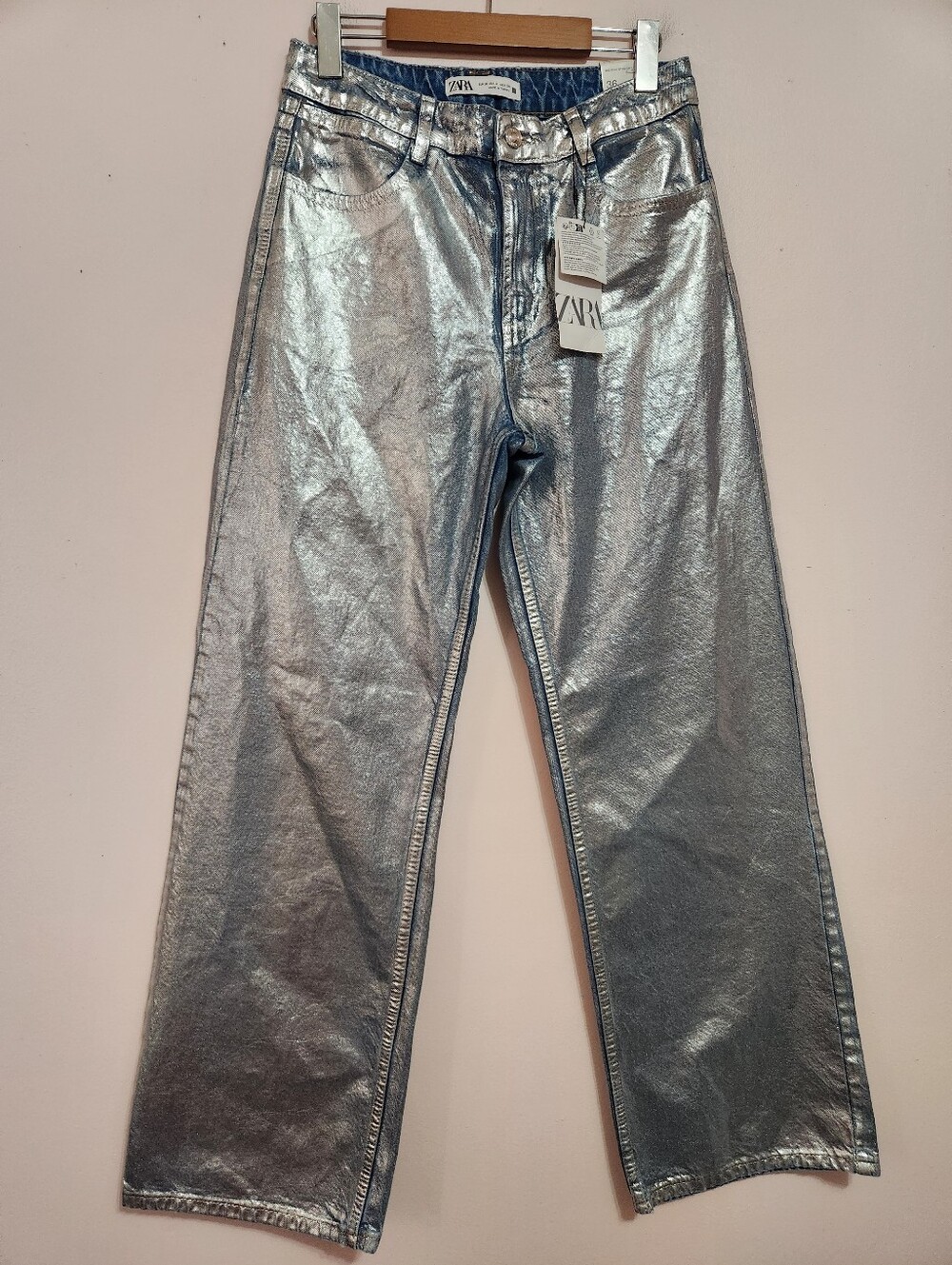 NWT Zara Metallic Silver Foil Mid Rise Straight Jeans Cyber Y2K Party Size 4